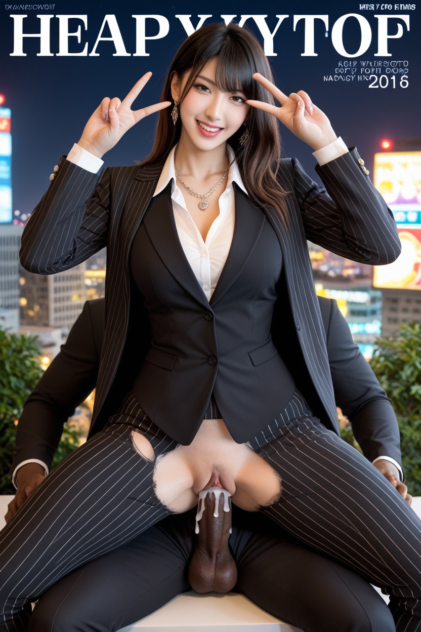 Woman Fucked By African Black Skin Man, Black Pinstripe Pants, Creampie Asian AI Porn