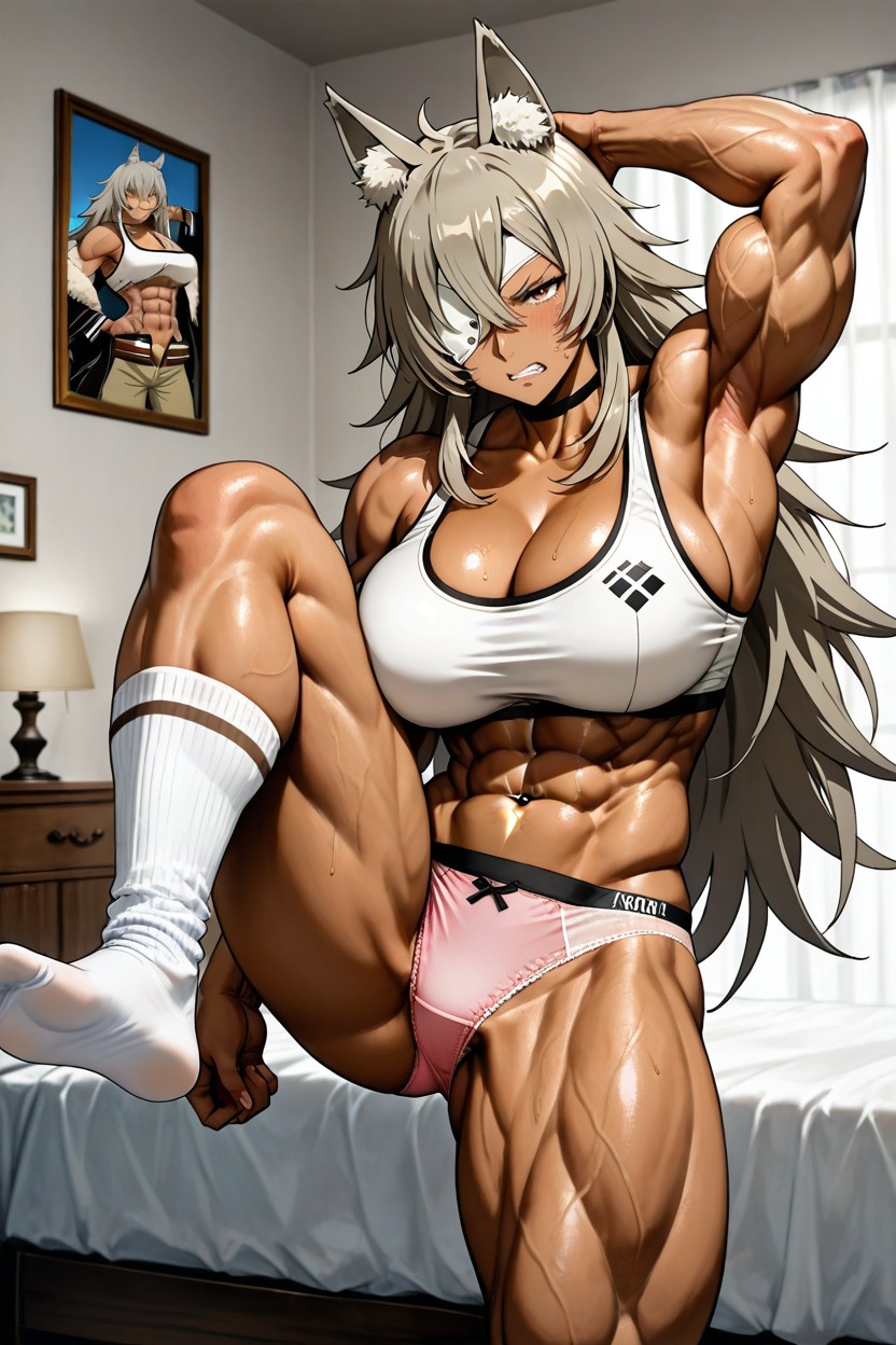 No Footwear, Pink Panties Showing, White Sports Bra ヘンタイAIポルノ