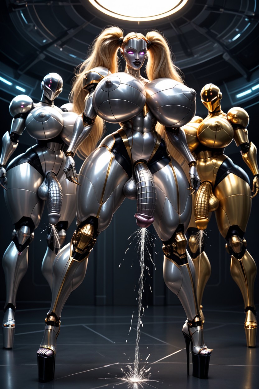 Sexbot, Erect Metallic Nipples, Full View Shemale AI Porn