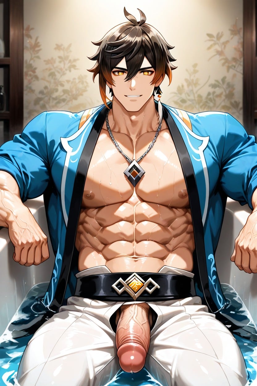 The Shirt Is Open At The Chest, With The Sleeves Rolled Up, Giving Him A Formal And Powerful Appearance AI Gay Porn