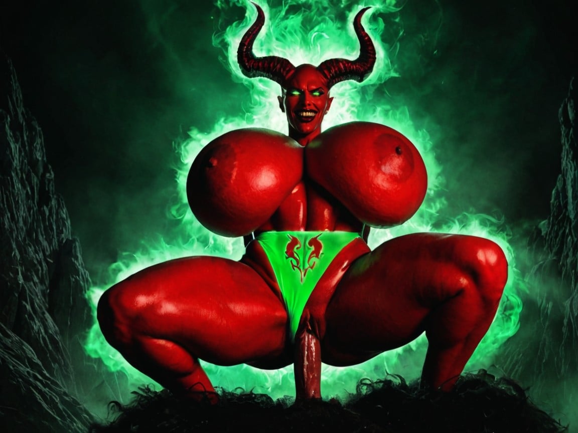 Evil Demonic Face, She Is A Red Devil Monster, Kneeling AI Porn