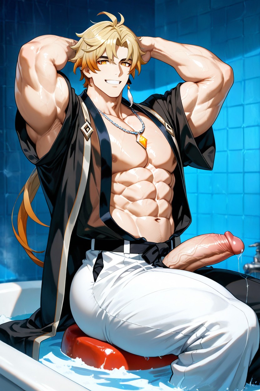 And Intense Blank Golden Eyes His Black And White Uniform Is Open At The Chest, Muscular Physique, A Across His Forehead Porno IA Gay