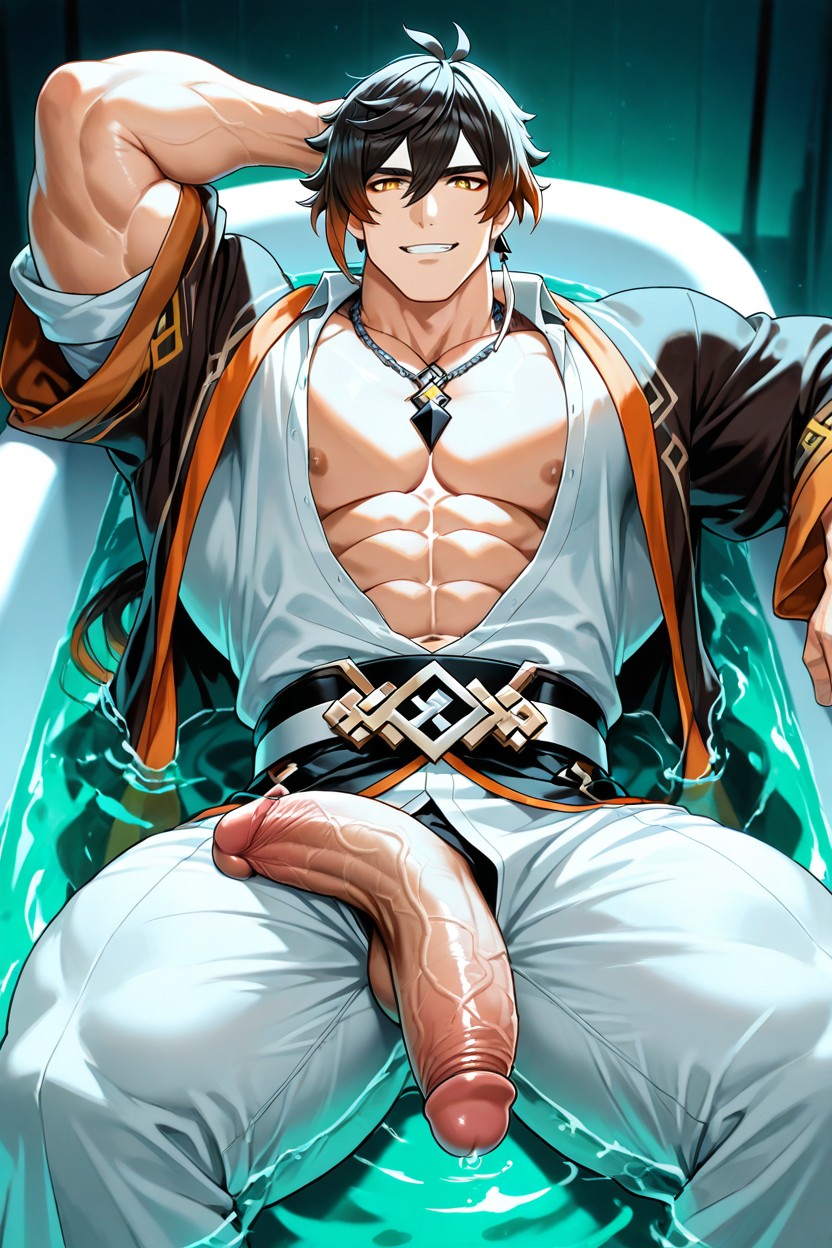 He Has A Red Haori With White Edges And Black Kanji Characters On Each Side, Muscles Surdimensionnés, Vue De Côté Porno IA Gay