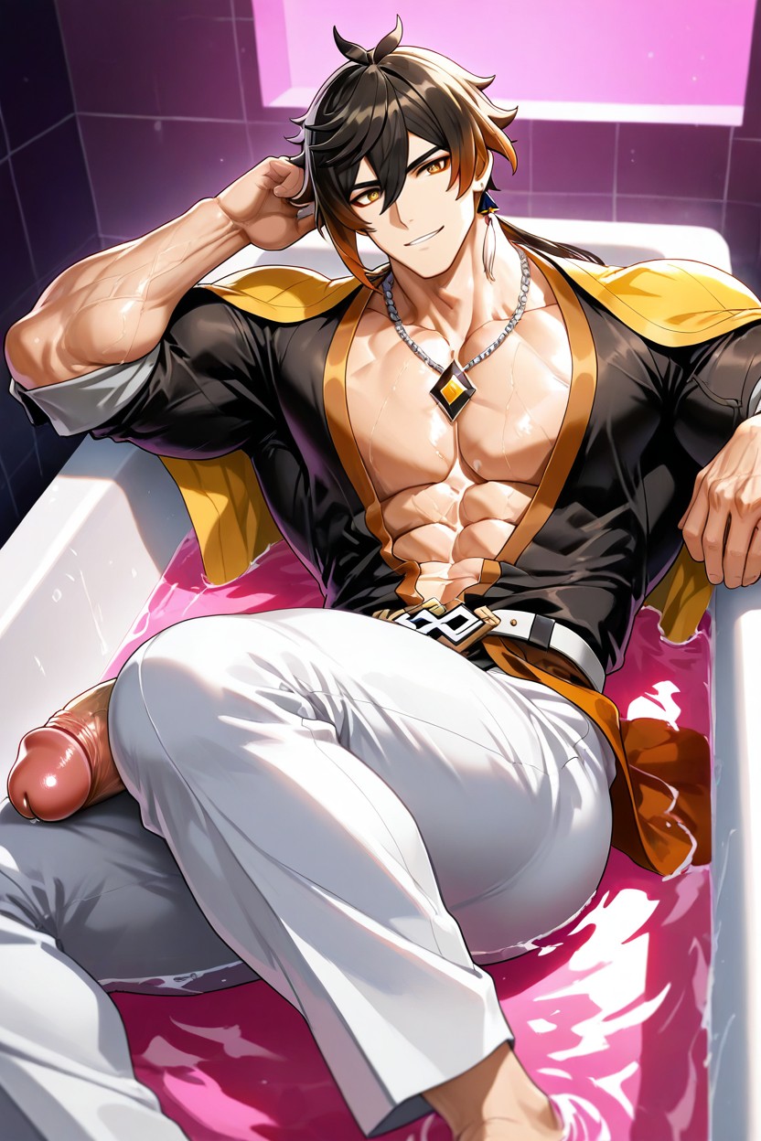 Showing His Chest, Side View, With The Sleeves Rolled Up 게이 AI 포르노