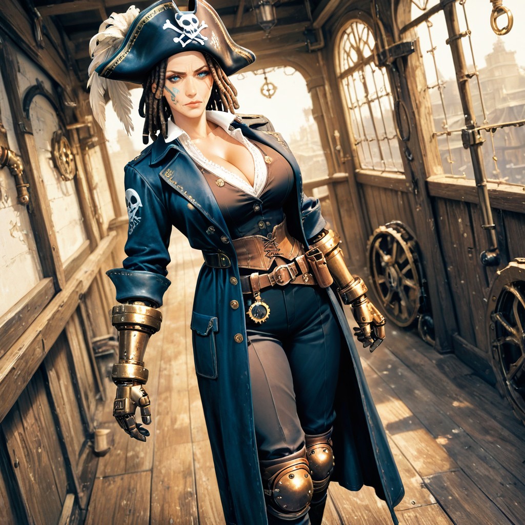 Brunette Hair, Ultra Detailed Textured, A Determined Female Steampunk Pirate Captain AI Porn