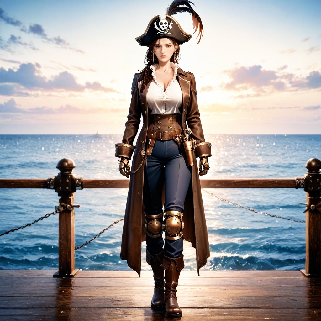 Dark Trousers, Standing Confidently On A Wooden Dock At The Island She Has Two Slash On His Face That Run Across His Eyes, Cleavage AI Porn