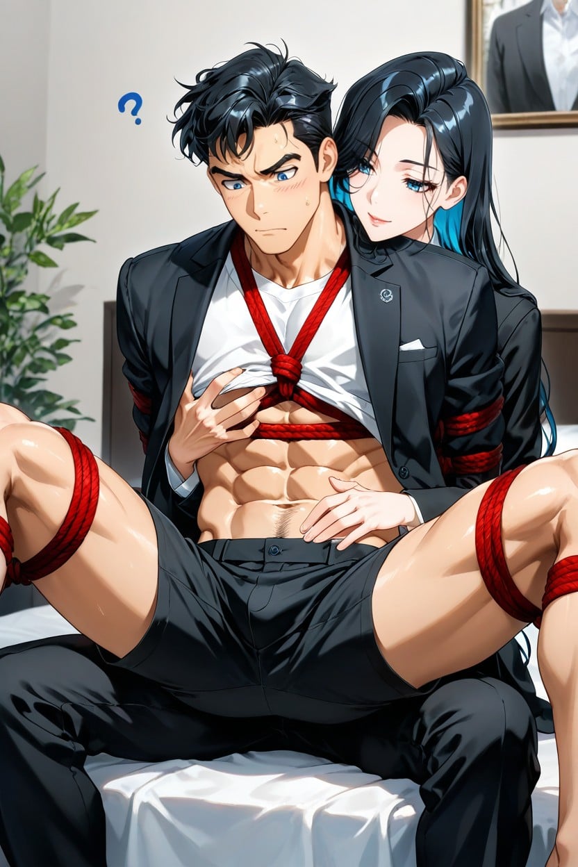 Sitting On The Bed, Assis, Jambes Écartées, Black Hair Porno IA Gay