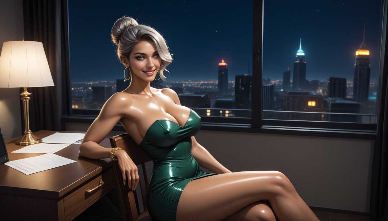 Hair Bun, Thighs Exposed, Noir AI Porn