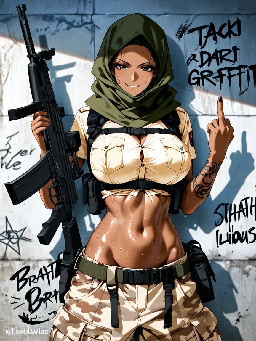 Tactical Thigh Holster, Opposite Hand Giving The Middle Finger, Delgada Hentai IA