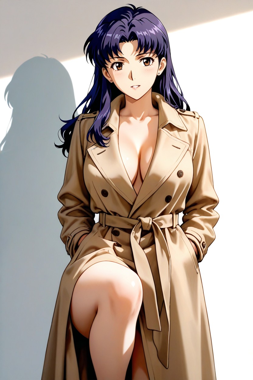 Draped In An Oversized Beige Trench Coat, 25+, Showcasing Her Striking Feature Hentai IA
