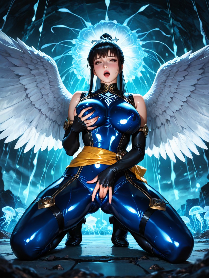 Korean Woman With Brown Eyes And Black Hair, De Abajo Hacia Arriba, Piel Grasa Hentai IA