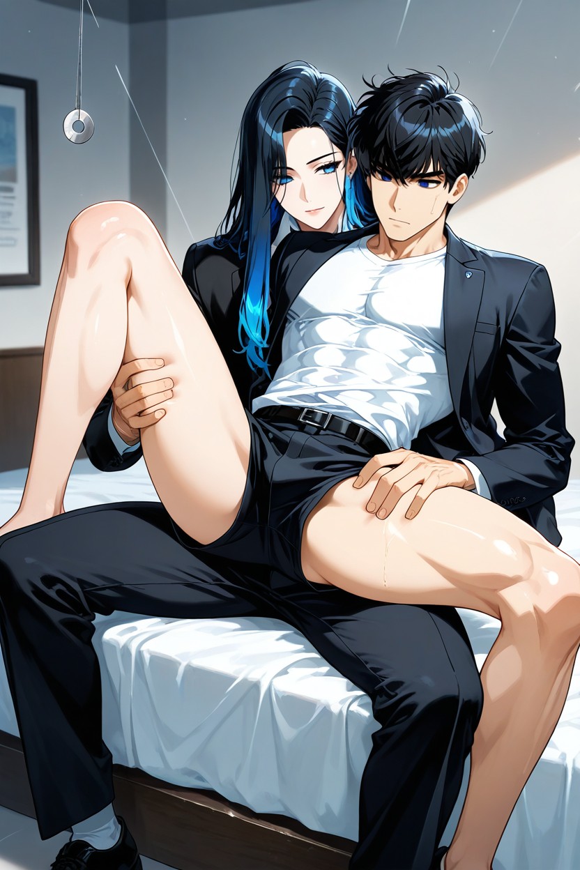 Slightly Messy Hair, Sitting With Legs Spread, Pantalon De Bureau Porno IA Gay