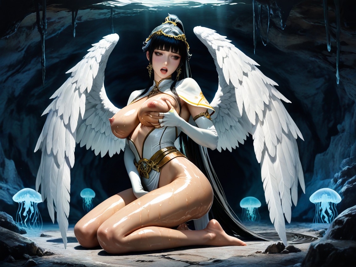 Ornate White Hairtie Circlet, Very Cropped Capelet, Glossy Lips Hentai IA