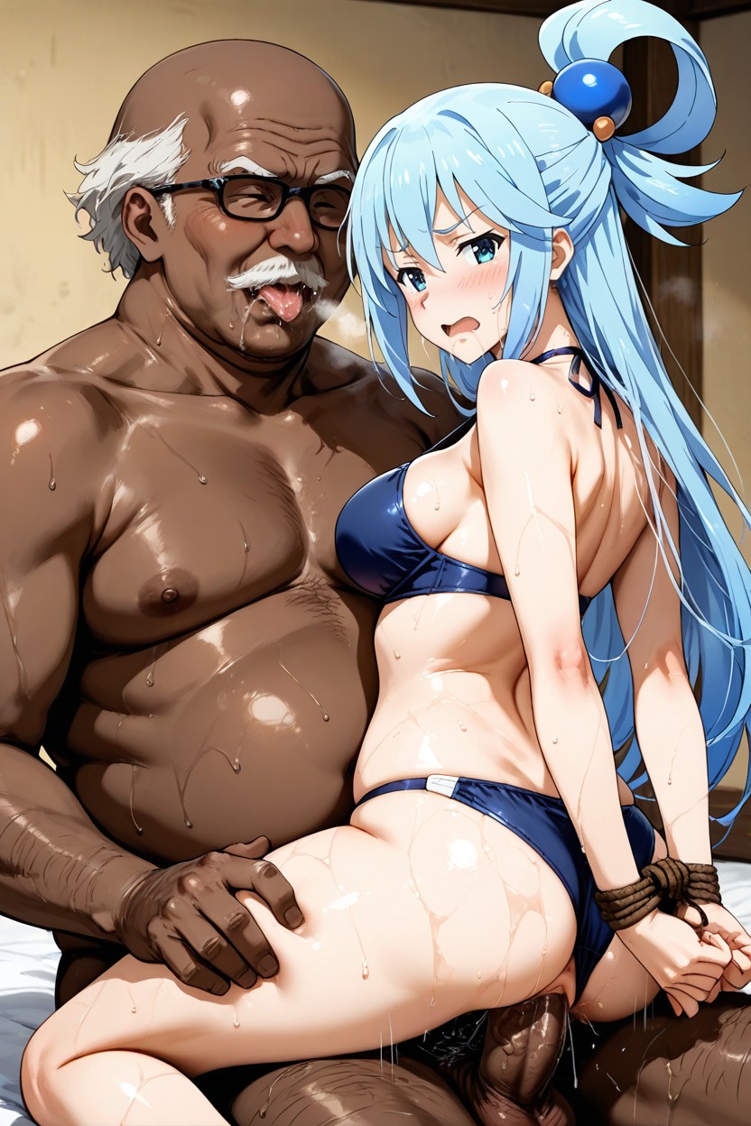 25+, Solid Dark Blue Two-piece Bikini, Wide Hips Hentai AI Porn