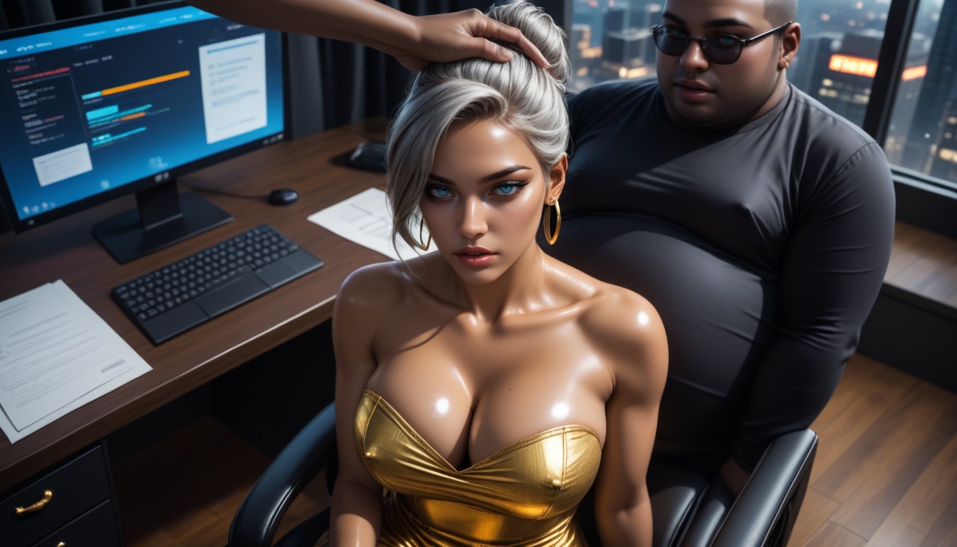 Cleavage, Hair Bun, Dark Office AI Porn