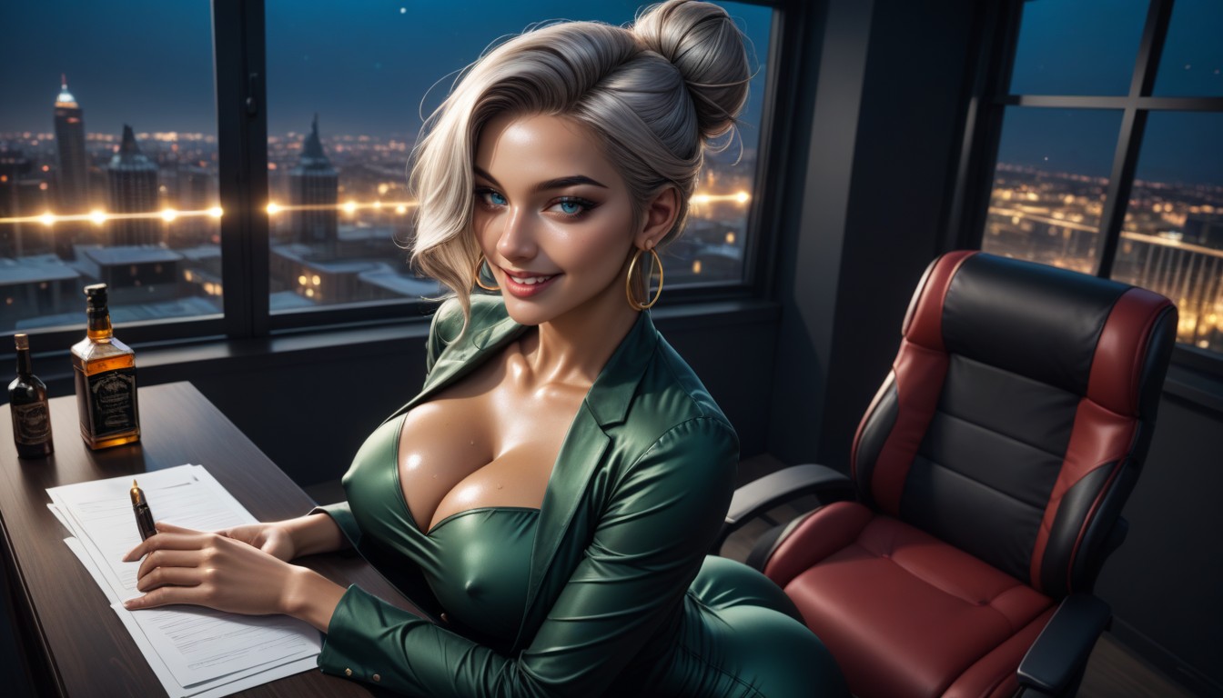 Oiled Skin, Top Down, Green Strapless Dress AI Porn