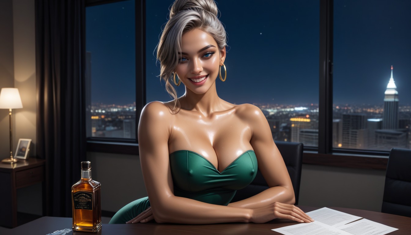 Bending Over, Cleavage, Dark Office AI Porn