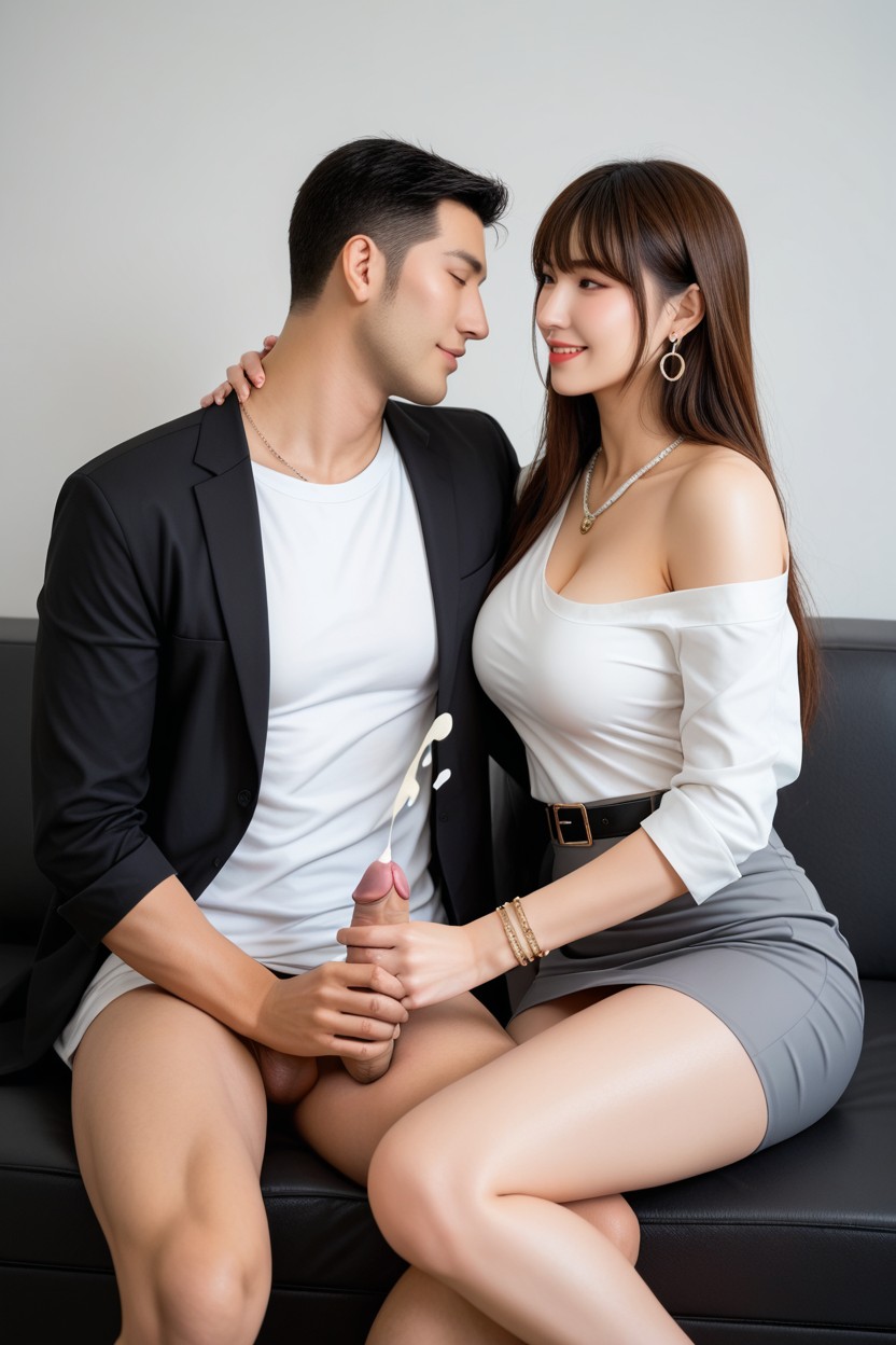 Showing Thighs, Looking For Viewers, Naked Man Sitting Next To Clothed Woman Asian AI Porn