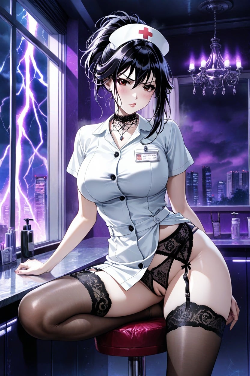 Opulent Penthouse Bathroom, Black Satin Garter Belt With Dangling Chains, Ruby Tojo From Rosario Vampire AI Porn