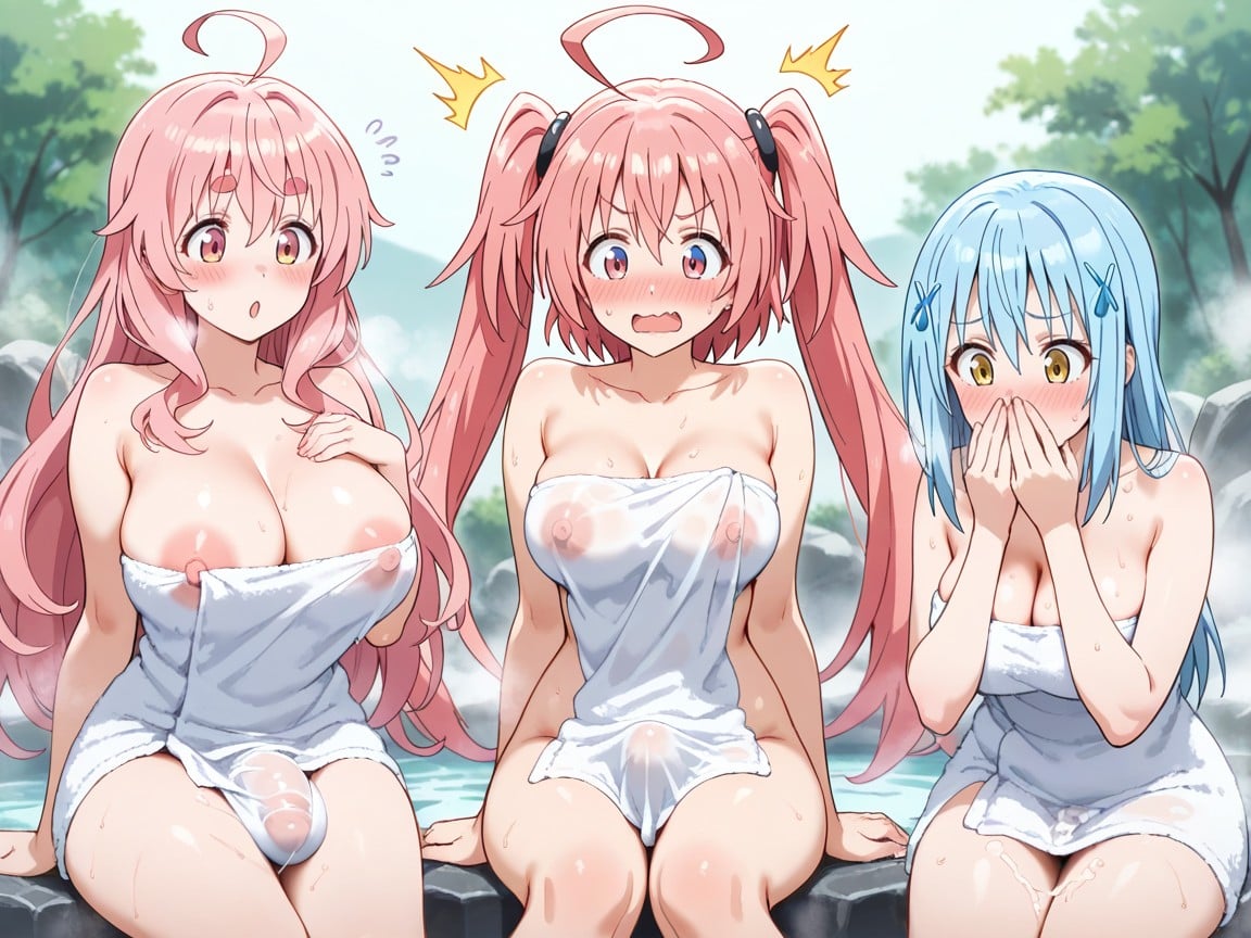 Pre-cum Soaked On Towel, Shuna Pink Eyes, Rimuru Blue Hair Hentai AI Porn