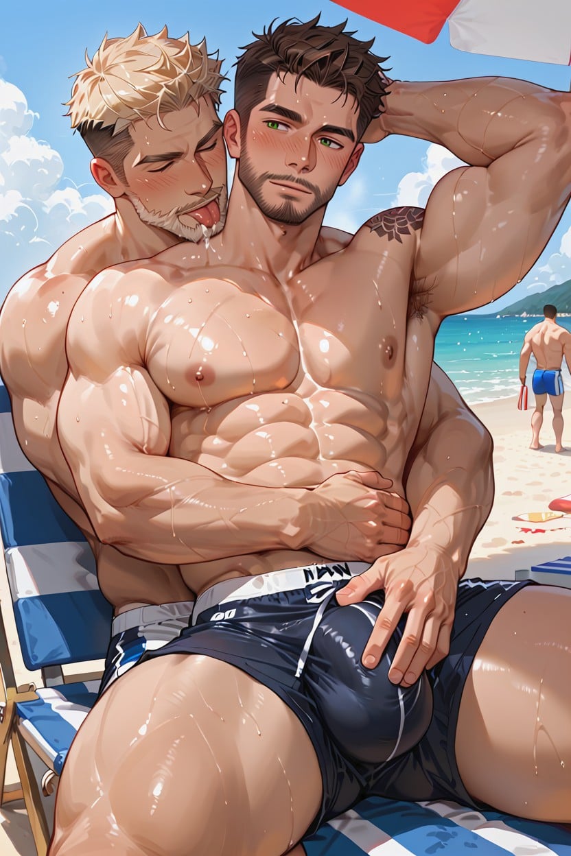 Licking Right Hand Touching His Crotch - Left Hand Behind His Head Flexing Hands On Crotch Big Muscled Men, Extremely Large Ass, Gigantic AI Gay Porn