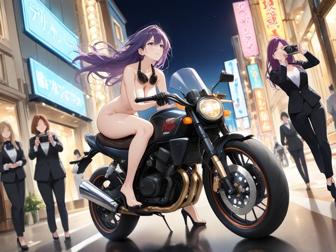 Many Cameras On Strap Around Her Neck, Dynamic Poses, Purple Hair AI Porn