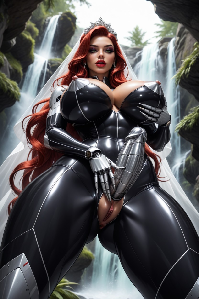 Bottom Up, Her Extremely Long Hair Visible Velow The Level Of Her Butt, She Grips Her Metallic Penis AI Porn