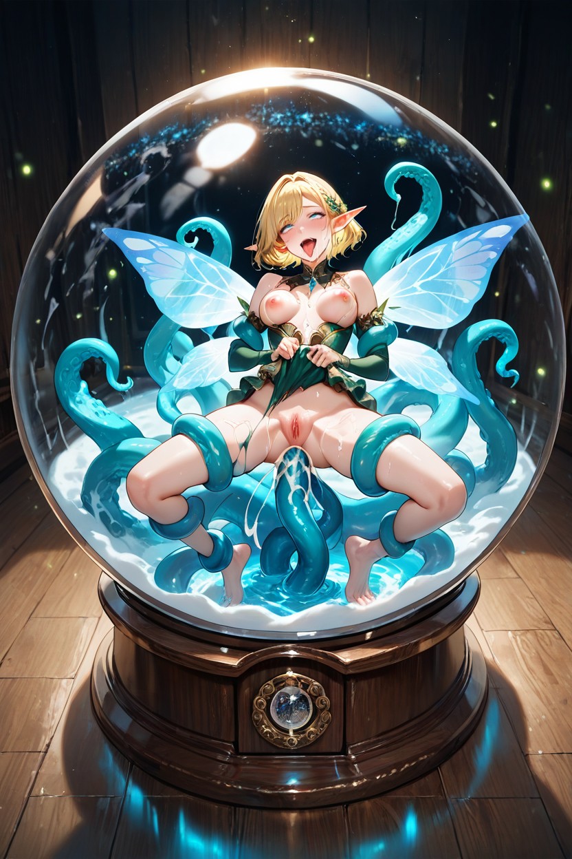 Glowing Blue Fairy Wings Fully Enclosed Inside The Snow Globe, 마른 체형, Insanely Miniaturized Adult Women Fully Enclosed Inside A Snow Globe 헨타이 AI 포르노