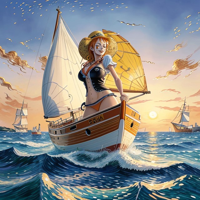 Nami Drawn In Animated Style, Nami From One Piece, Painting Of A Woman Named Nami From One Piece Sailing On A Lifeboat To A Shore AI Porn