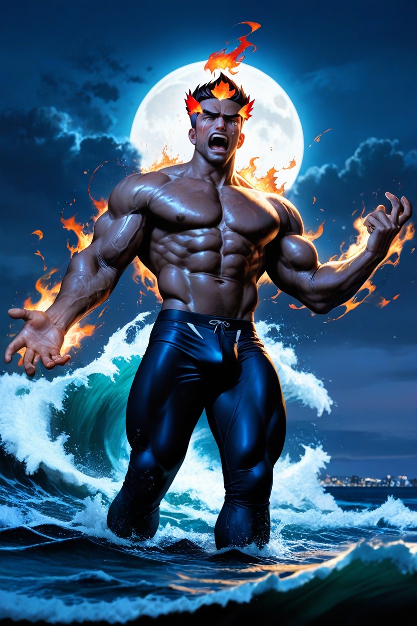 Kiawe From Pokémon, Ethnicity, Standing Near The Ocean At Night AI Gay Porn