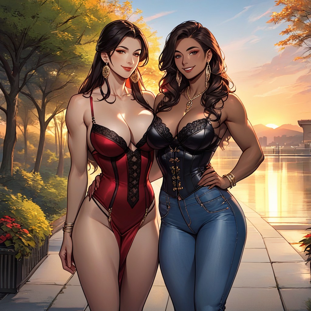 Sunset, Eight Women, Eye Contact With Viewer AI Porn