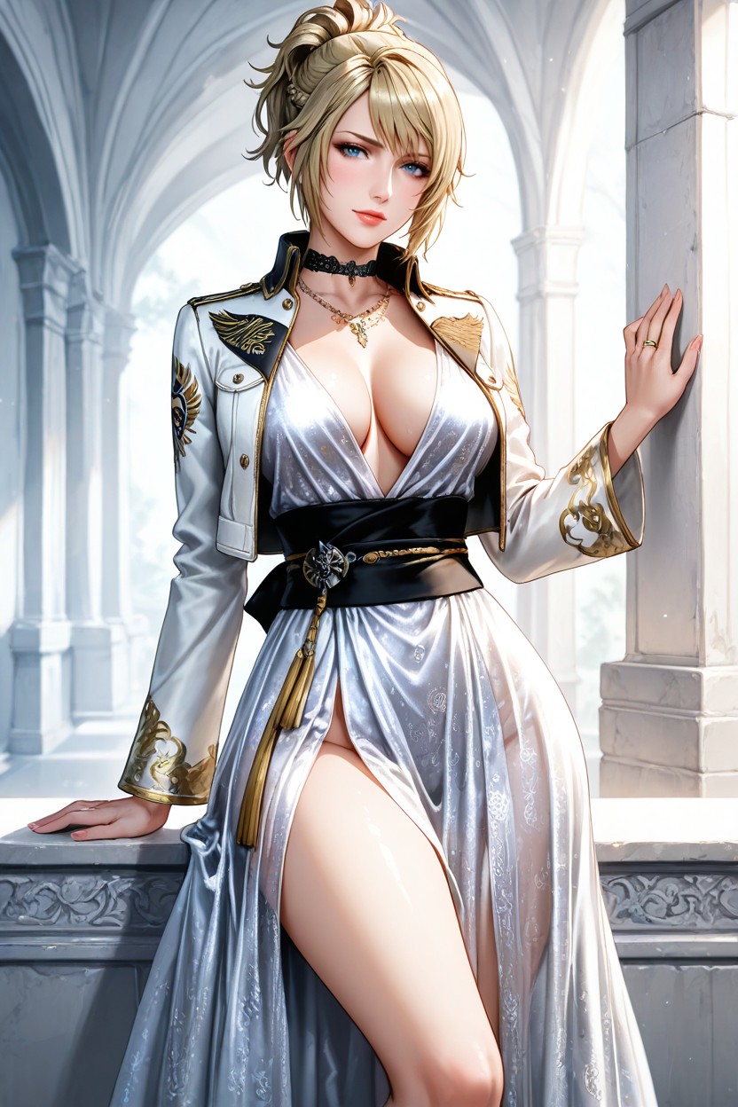 Full-length White Satin Gown, Blonde Hair, Wispy Bangs ヘンタイAIポルノ
