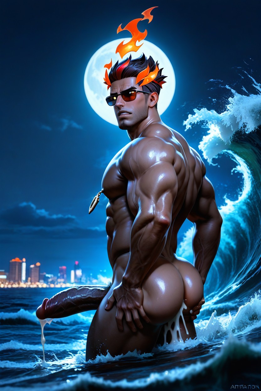 He Is Being Fucked By A Pale White Guy With Sunglasses, Cum Leaking From Anus Nipple Rings, Two People In Fame AI Gay Porn