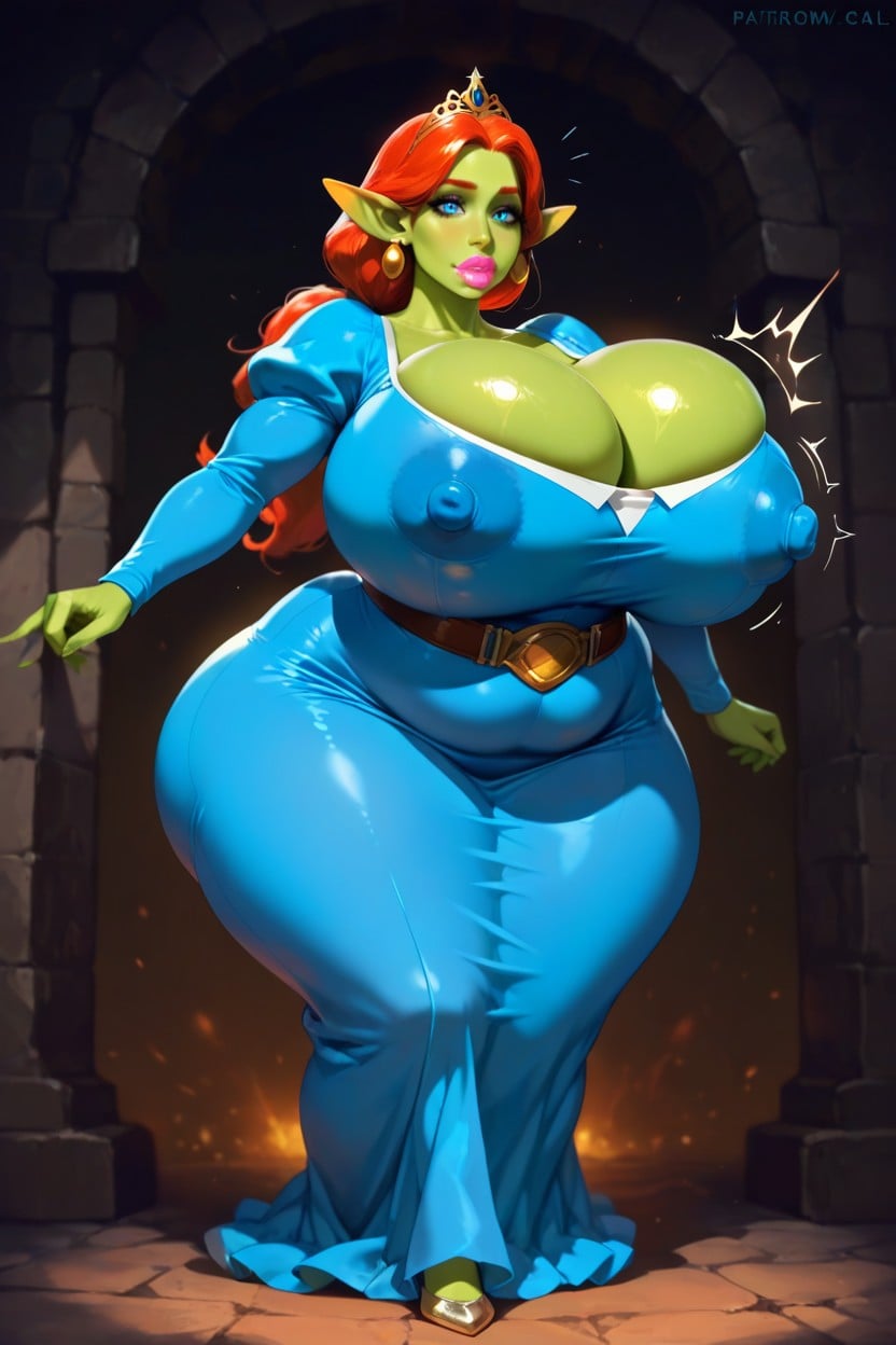 Extreme Massive Thick Round Lips, Heavy Breast, Green Skin AI Porn
