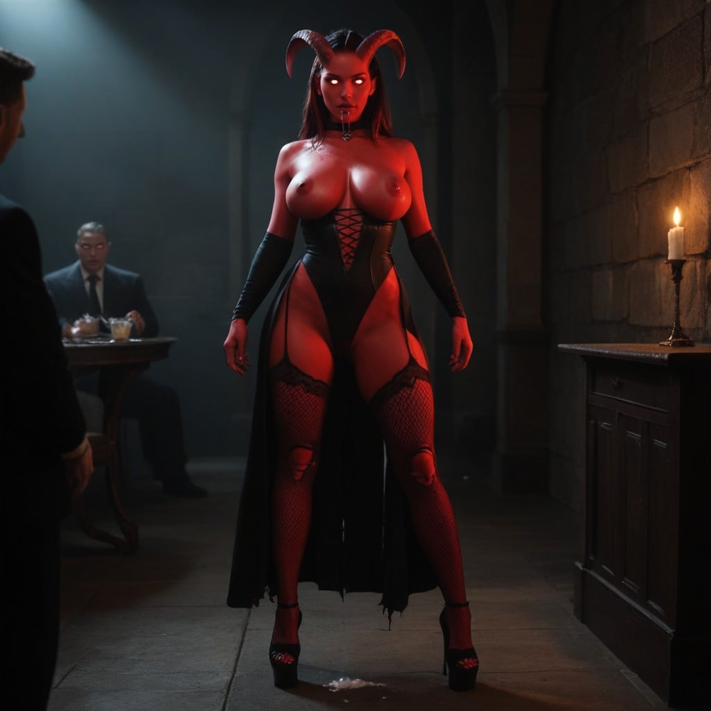 Rounded Breast, Wearing A White Wedding Torn Fishnet Swimsuit, Elegant Curved Horns AI Porn