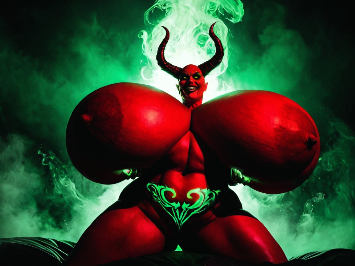 Gigantic Oversized Breasts, She Has Ugly Monster Head, Fluorescent Green Glowing Eyes Porno IA