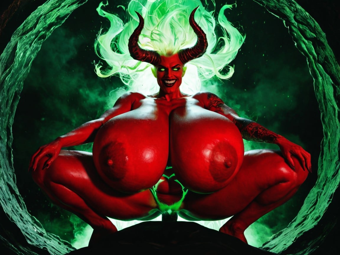 Ridiculously Huge Breasts, Fluorescent Green Glowing Eyes, Green Fluorescent Glowing Demonic Tattoos Porno IA