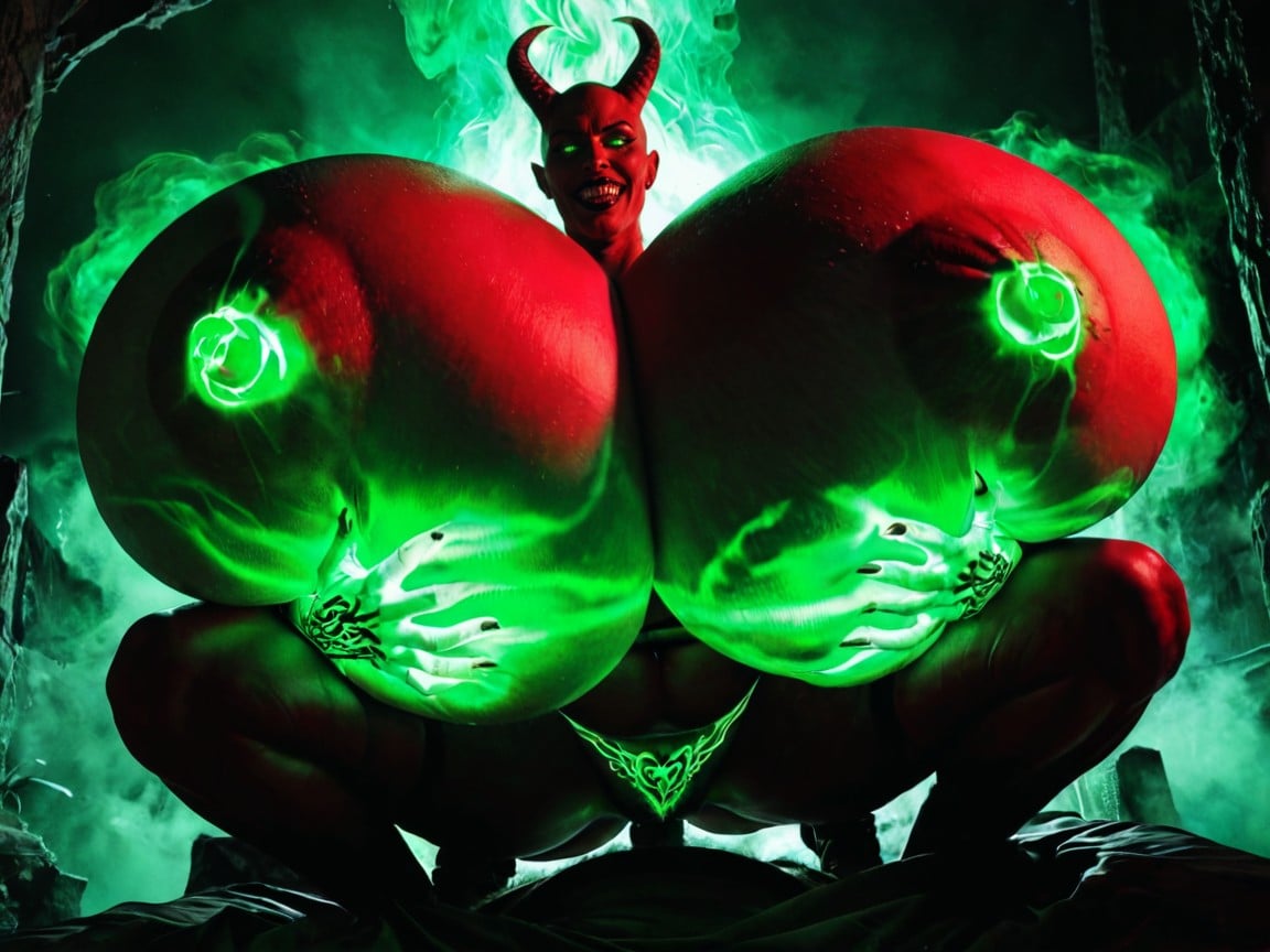 Giantess, Very Bright Fluorescent Glowing Eyes, Huge Green Glowing Devil Horns AI Porn