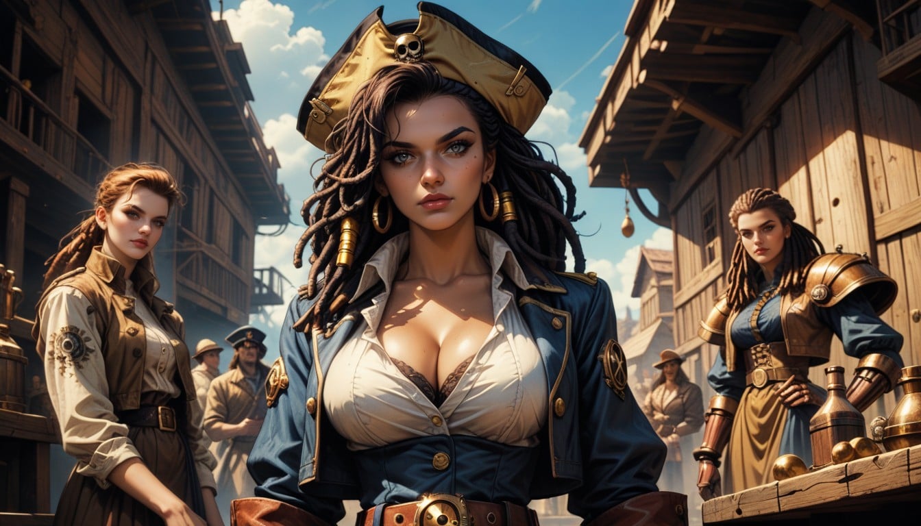 A Determined Female Steampunk Pirate Captain, Wide Angle, A White Ruffled Shirt Underneath AI Porn