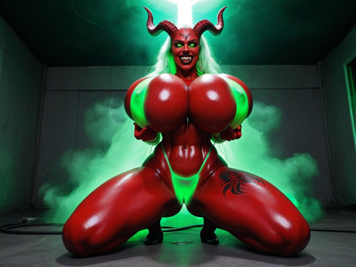 Huge Green Glowing Devil Horns, Demonic Face, Thick Fluorescent Green Bikini AI Porn