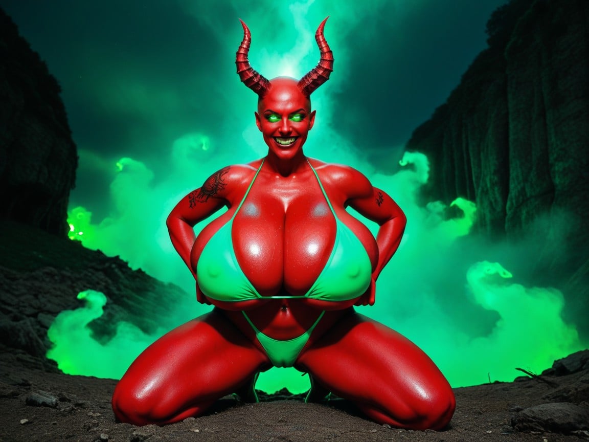 Huge Fluorescent Demonic Horns, Demon Realm, Eyes Glowing Fluorescent Green AI Porn