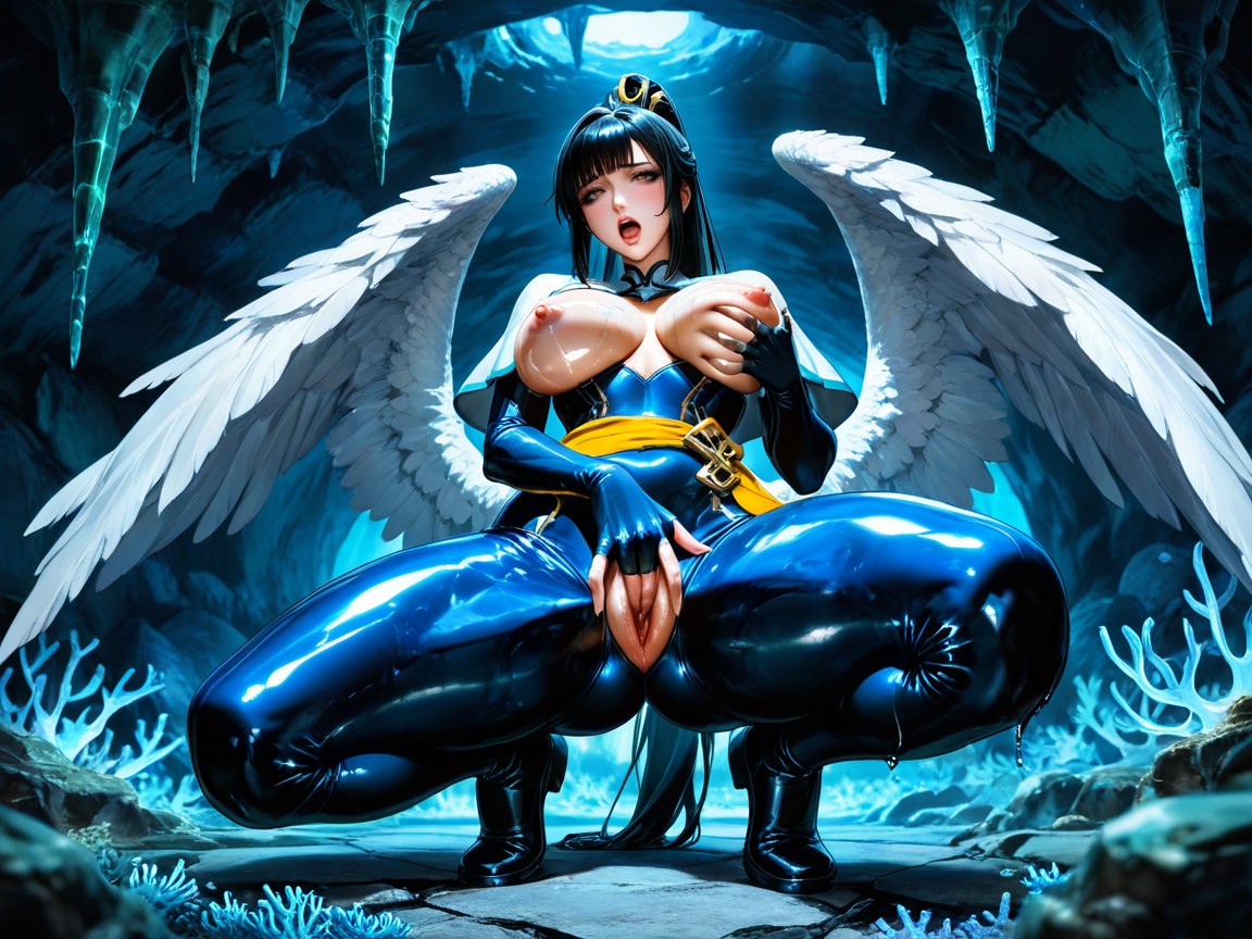 Cave, Large Abstract Jelly Egg Sacs On The Ceiling Covered In Moss, Innie Pussy Hentai AI Porn