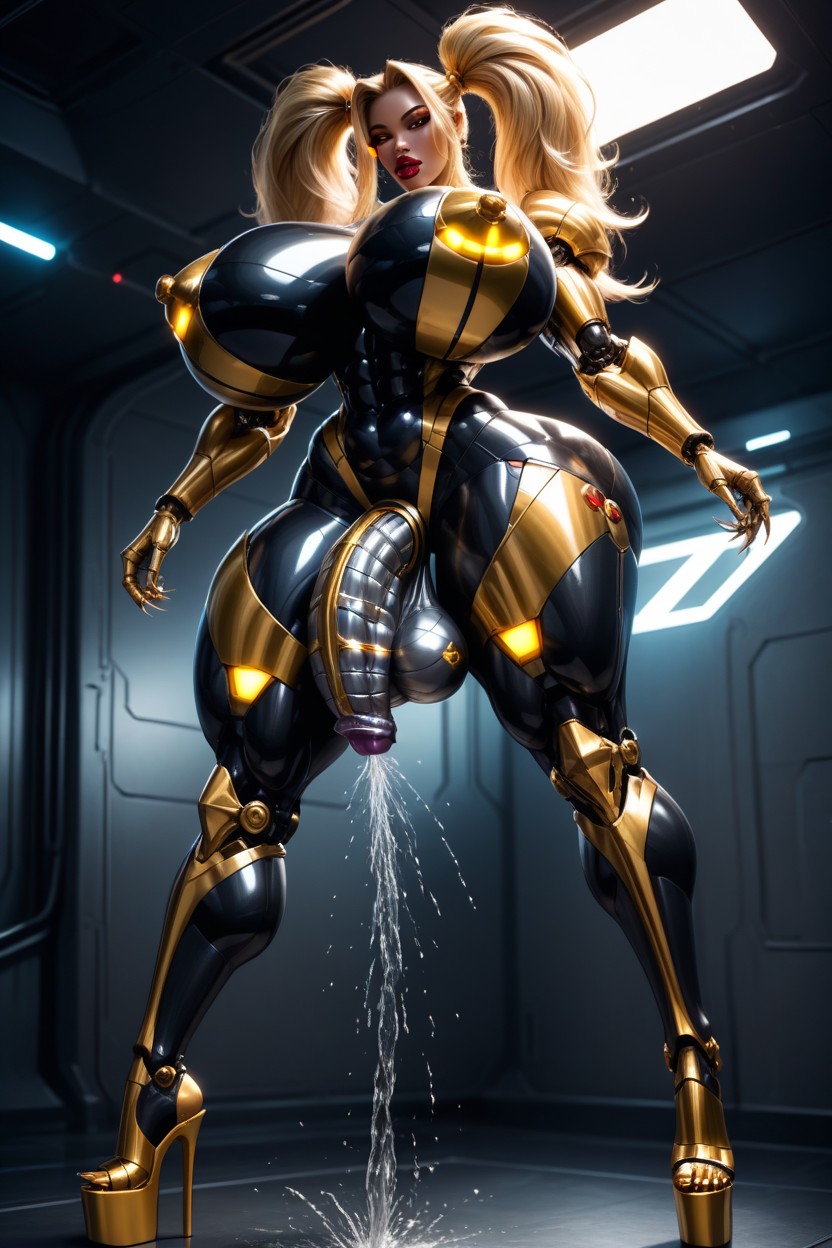 Thick Lips, Hyper Gigantic Metallic Breasts, View From Below Shemale AI Porn