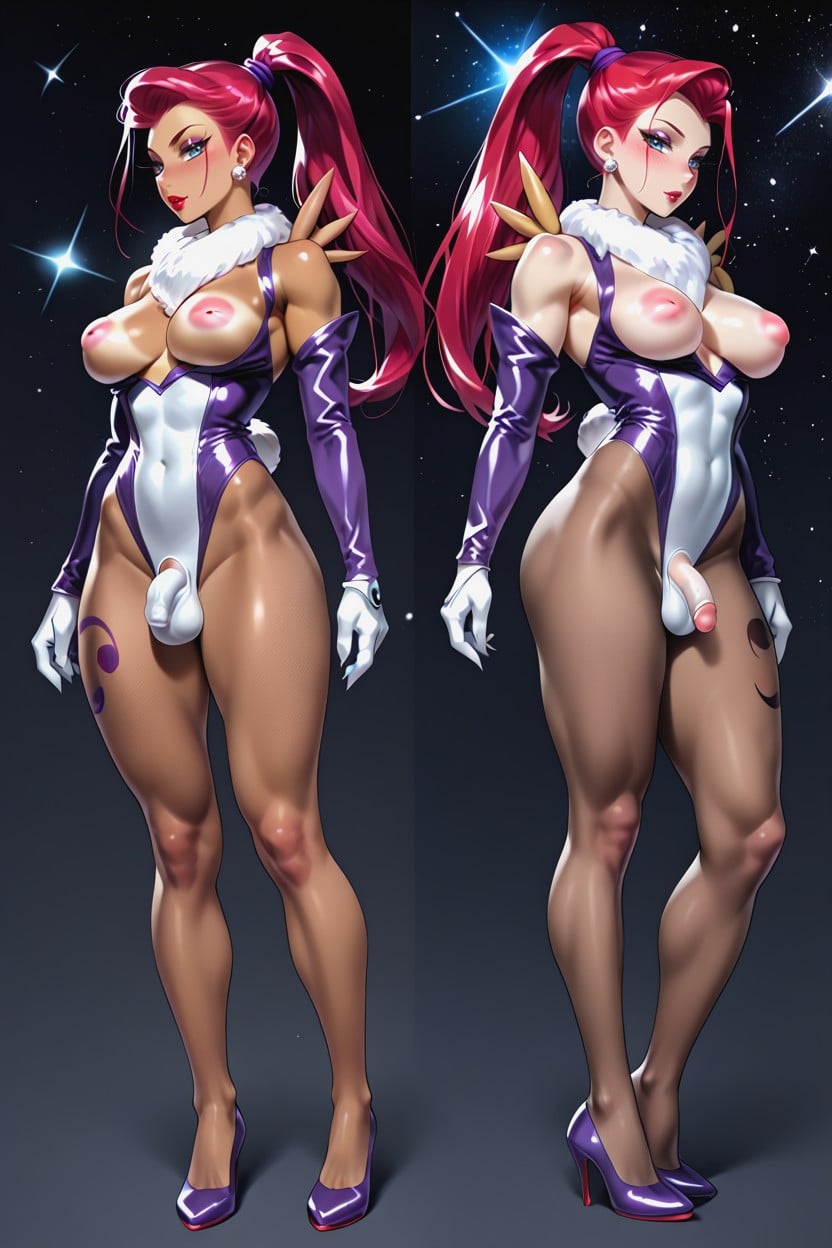Standing Pose, Skin Bulging Through Torn Clothes, Tight Clothing Shemale AI Porn