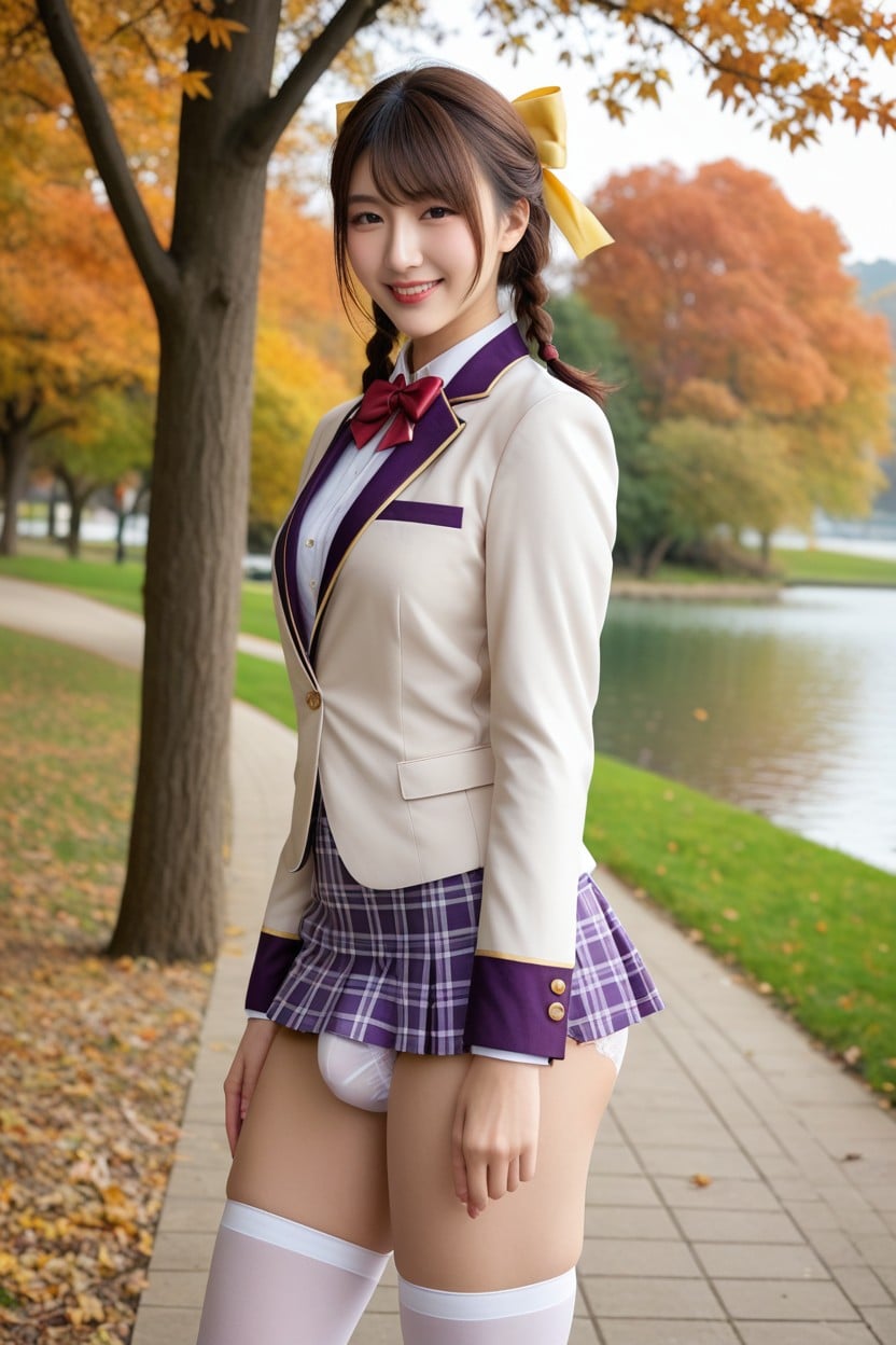 Purple An White Plaid Cuff With Frilly Edge, Wearing White Blouse Inside, Exposed Own Panties Asian AI Porn
