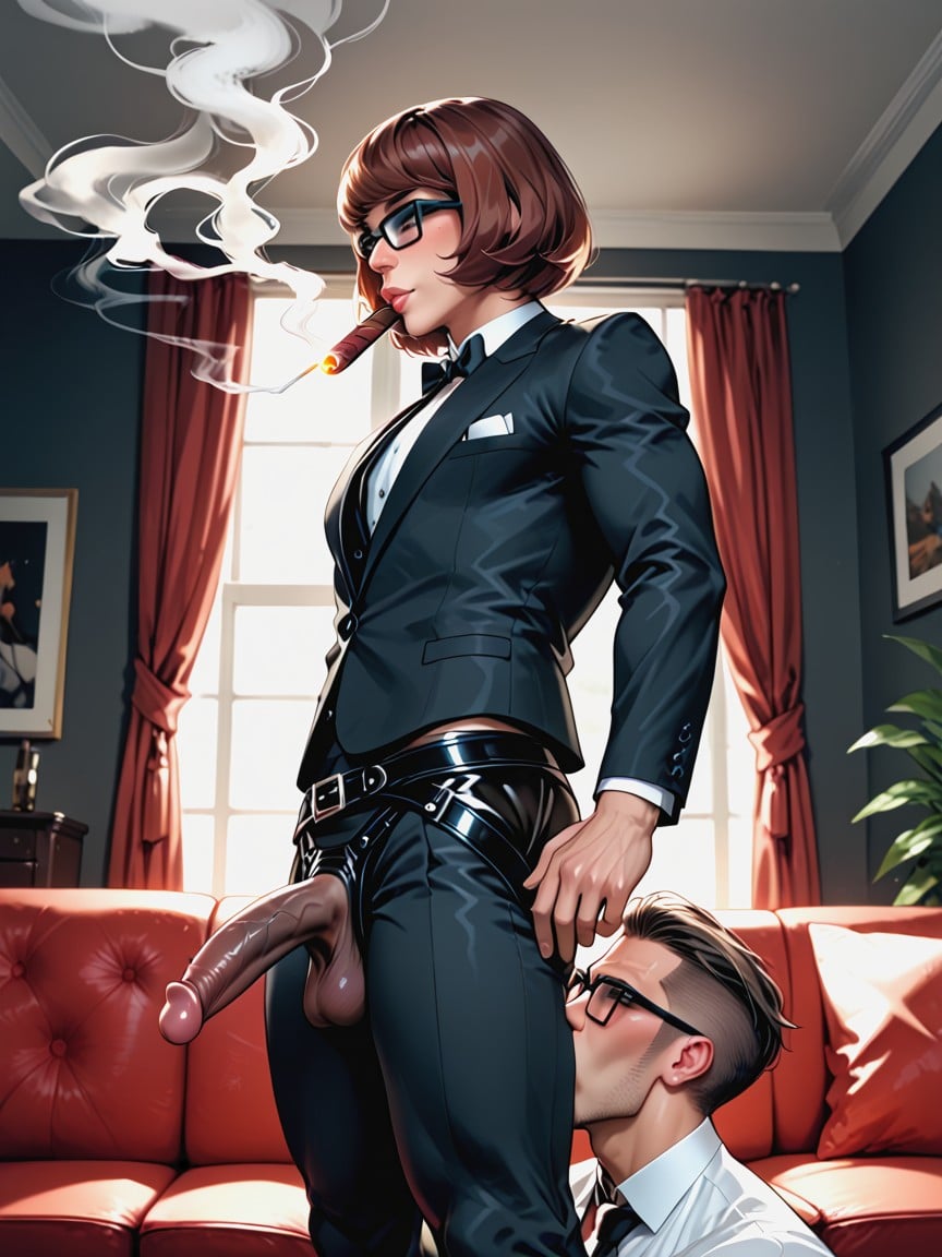 Man Kneeling, Futa Velma, Side View Shemale AI Porn
