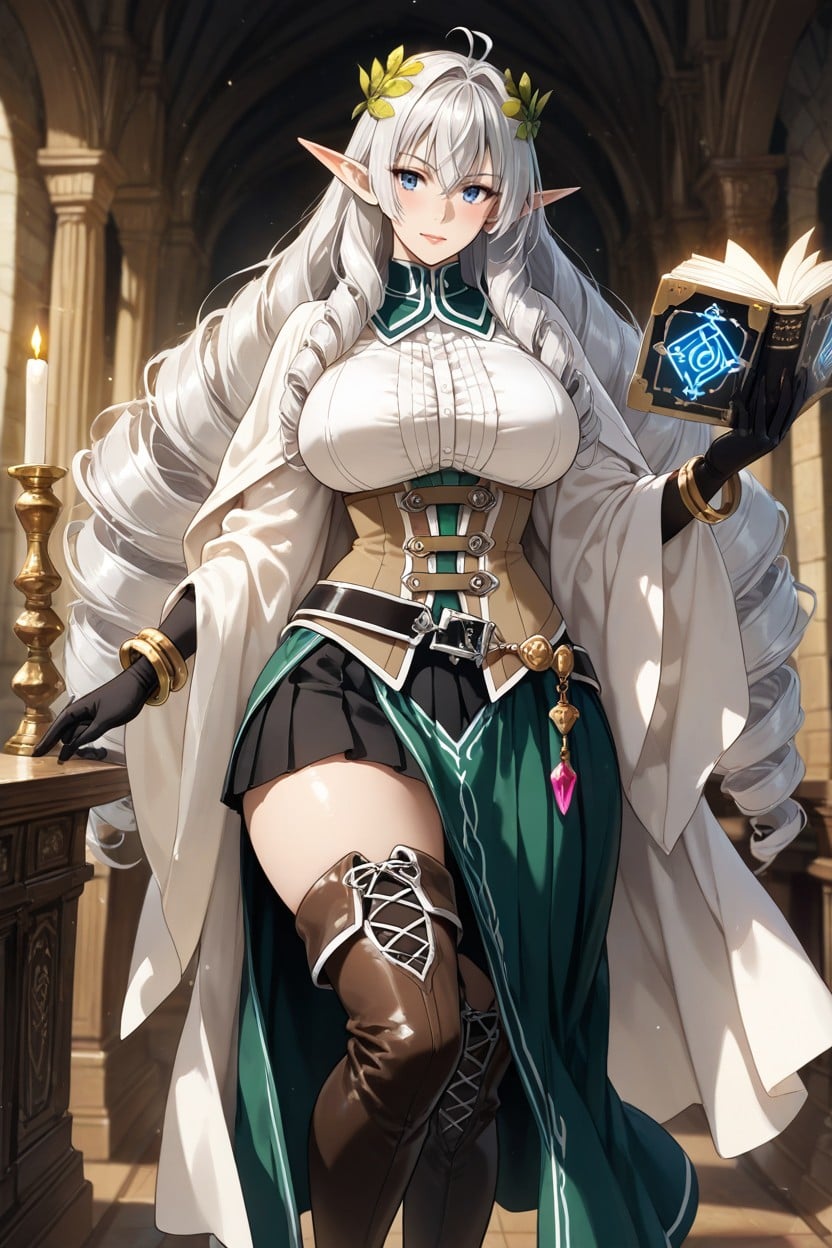 Pointed Elf Ears, Shimmering Silver Jewelry, Ash Hair Hentai AI Porn