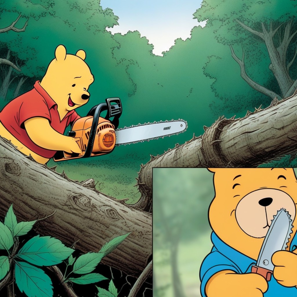 Close Up, Crazy Maniac, Comic About Winnie The Pooh With Maniacal Grin And Murderous Gaze Porno IA