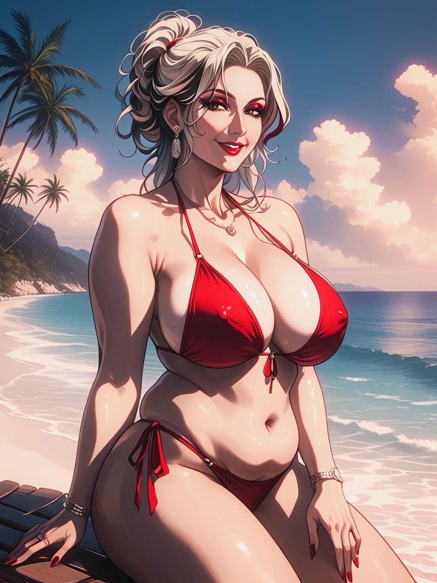 Seductive Face, Beach, Erect Nipples MILF AI Porn