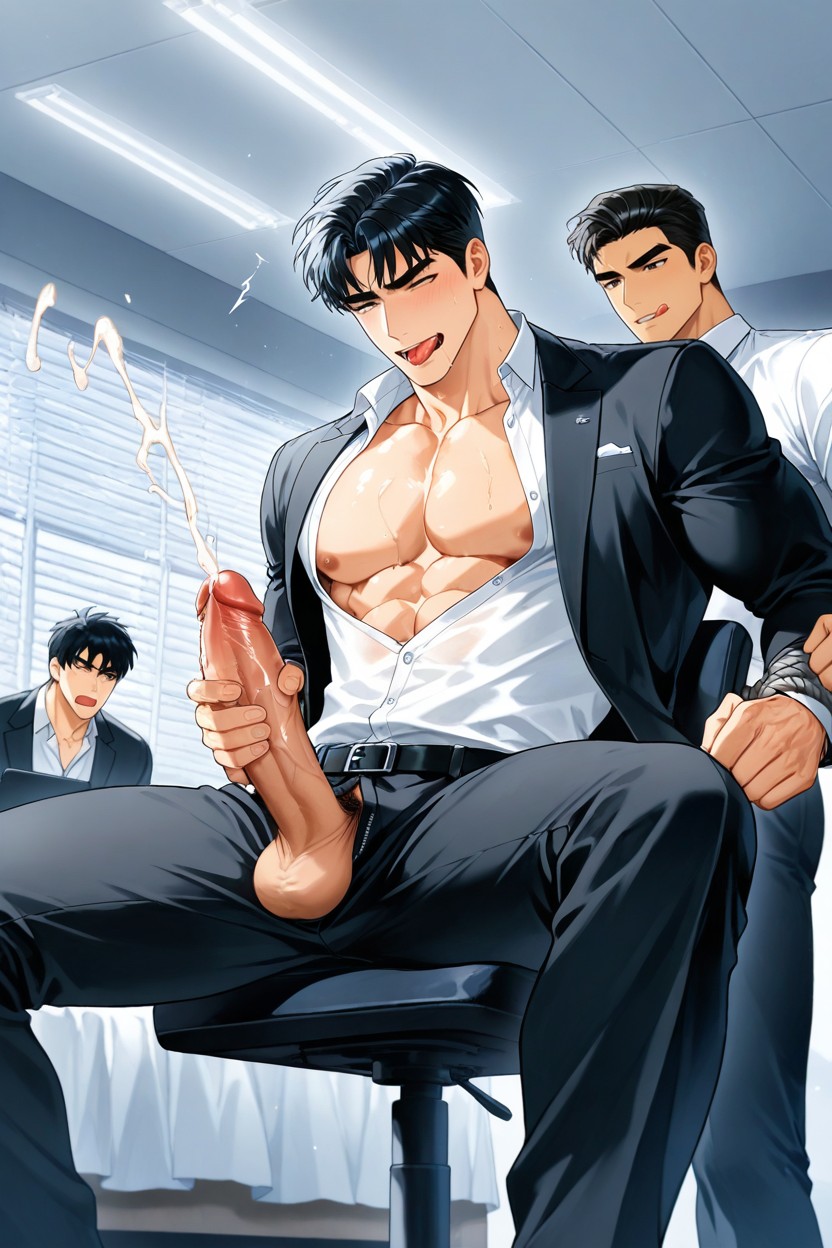 Sitting On A Chair, The First One Is Wearing A Long White Shirt And A Black Jacket With Office Pants, Helping Masturbate AI Gay Porn